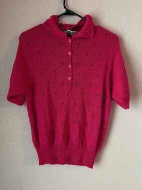 Vintage Pink Knit Collared Top Eyelet Short Sleeve Button Up Size Small